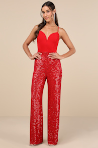 Dazzling Vision Red Sequin Sleeveless Wide-Leg Jumpsuit