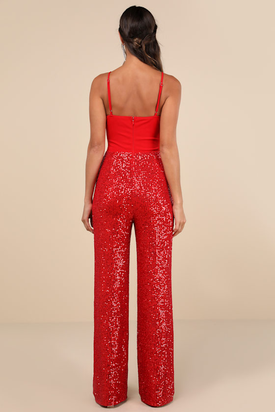 LULUS DAZZLING VISION RED SEQUIN SLEEVELESS WIDE-LEG JUMPSUIT 