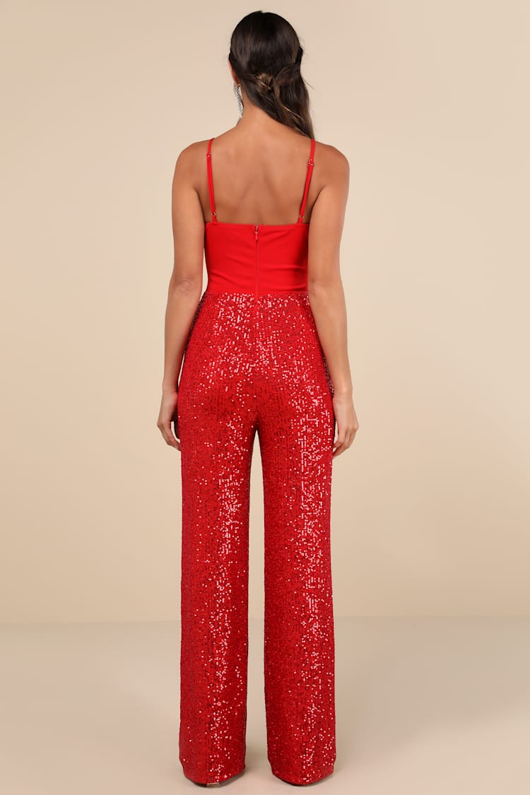 Dazzling Vision Red Sequin Sleeveless Wide-Leg Jumpsuit