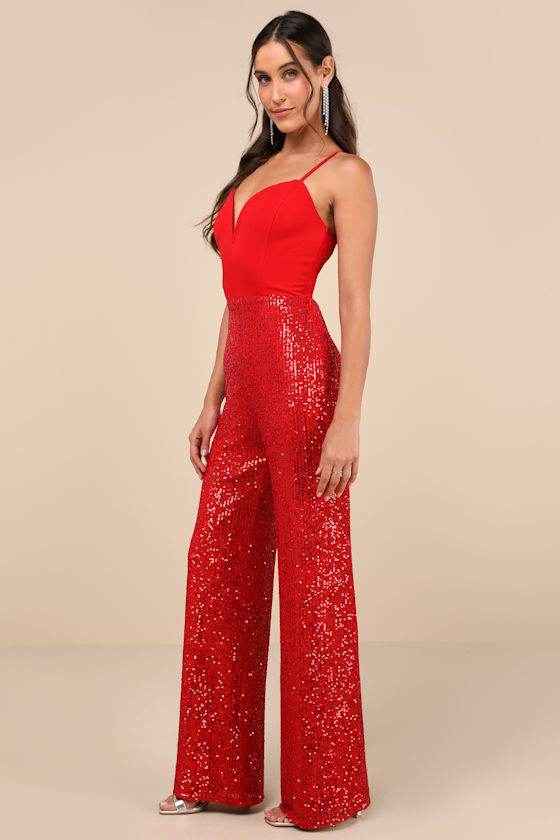 LULUS DAZZLING VISION RED SEQUIN SLEEVELESS WIDE-LEG JUMPSUIT 