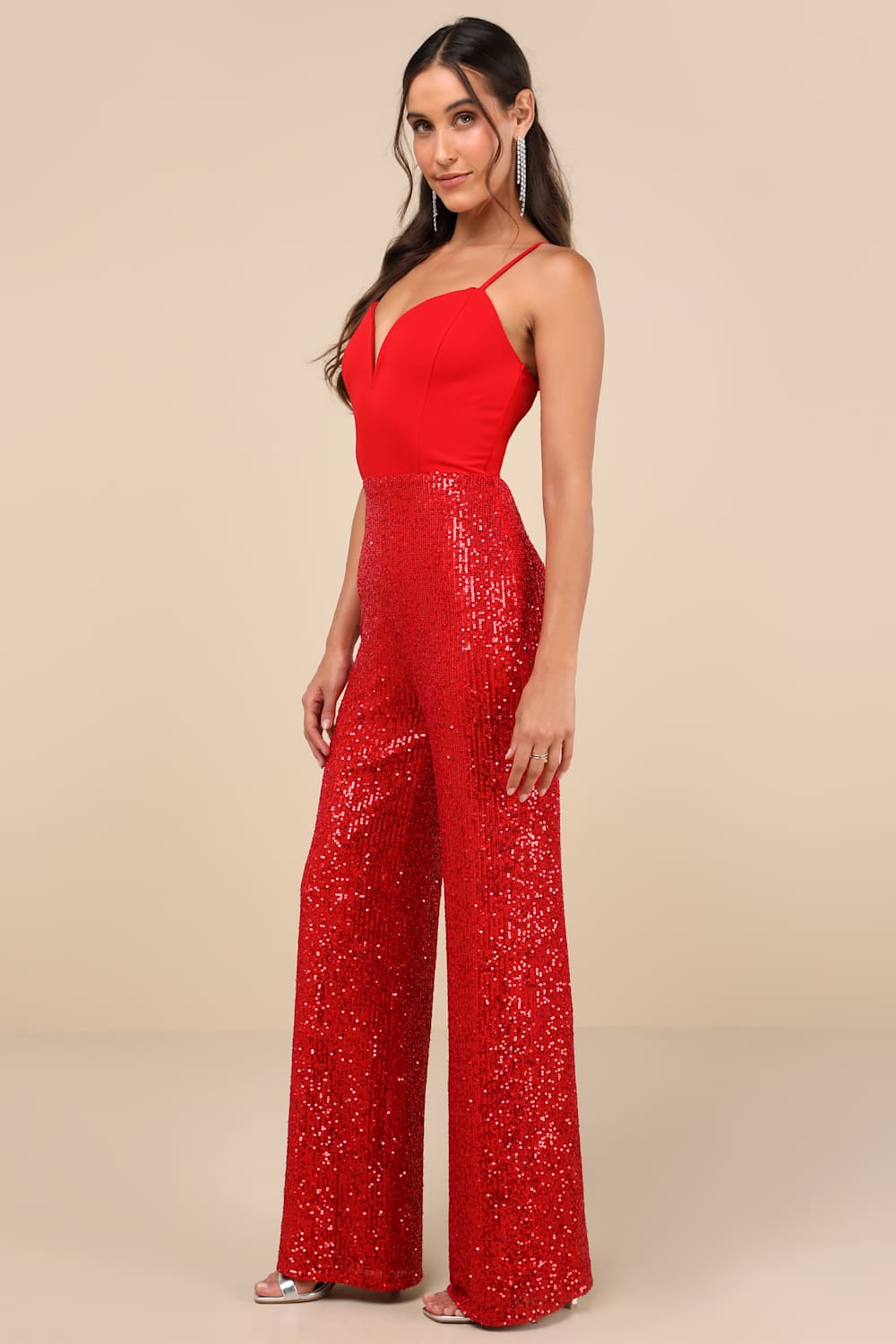 Dazzling Vision Red Sequin Sleeveless Wide-Leg Jumpsuit