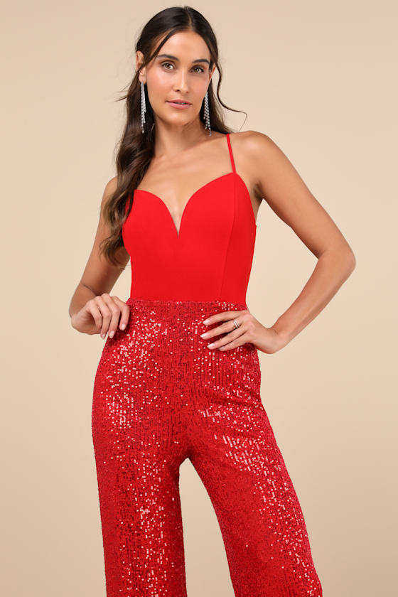 LULUS DAZZLING VISION RED SEQUIN SLEEVELESS WIDE-LEG JUMPSUIT 