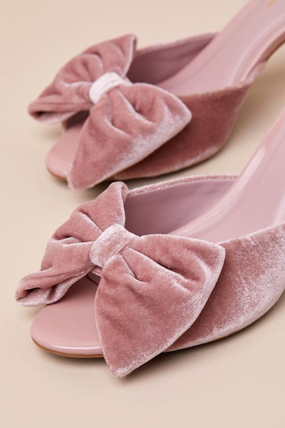Lulus Kendyl Blush Velvet Bow High Heel Slide Sandals In Pink