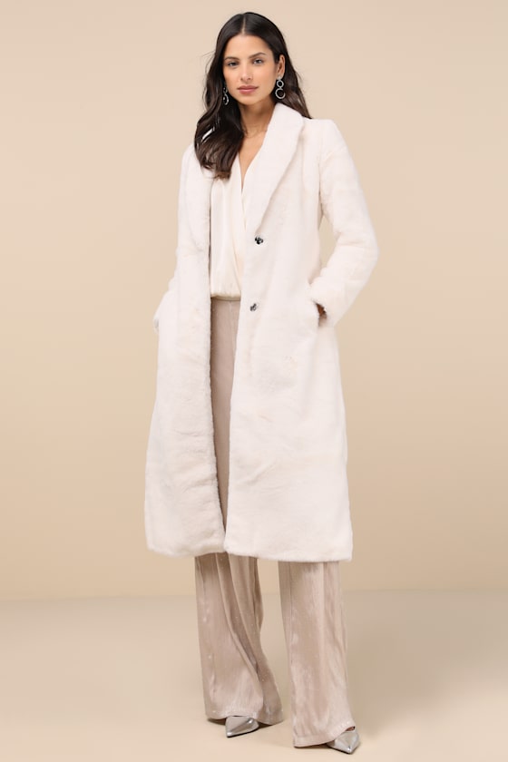 Shaci Marwala Ivory Faux Fur Longline Coat In Ivory