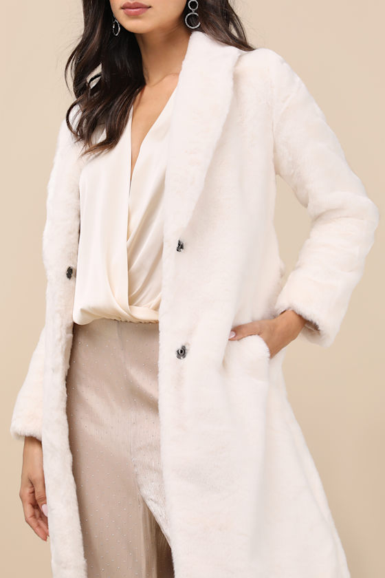 Shaci Marwala Ivory Faux Fur Longline Coat In Ivory