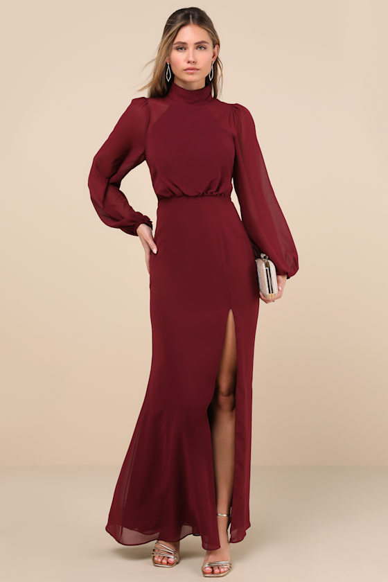 Lulus Graceful Entrance Plum Purple Long Sleeve Backless Maxi Dress In Plum Purple