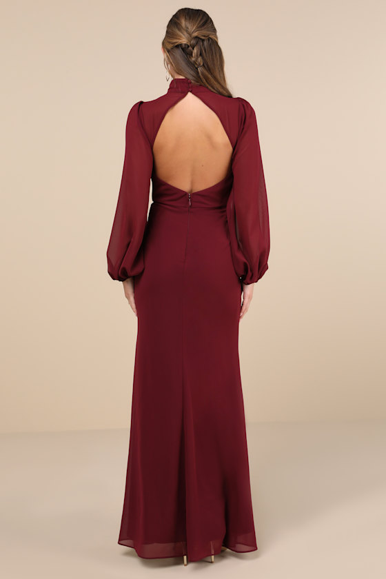 Lulus Graceful Entrance Plum Purple Long Sleeve Backless Maxi Dress In Plum Purple
