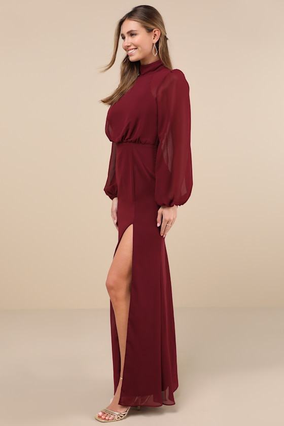 Lulus Graceful Entrance Plum Purple Long Sleeve Backless Maxi Dress In Plum Purple
