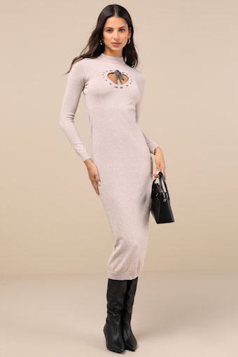 Beloved Presence Heather Beige Cutout Midi Sweater Dress 2