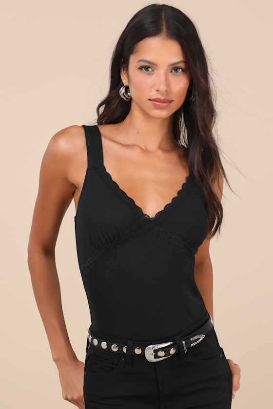LULUS PERFECTLY EFFORTLESS BLACK MESH LACE SLEEVELESS BODYSUIT
