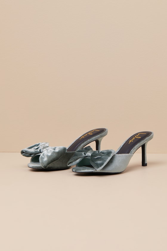 Lulus Kendyl Sage Velvet Bow High Heel Slide Sandals In Green