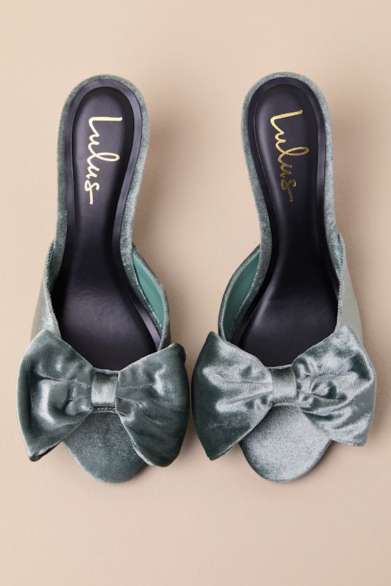 Lulus Kendyl Sage Velvet Bow High Heel Slide Sandals In Green