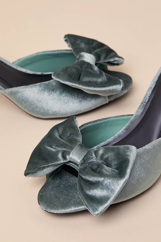 Lulus Kendyl Sage Velvet Bow High Heel Slide Sandals In Green