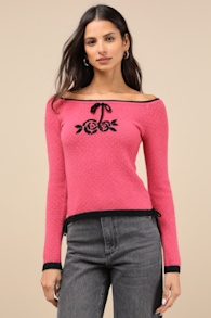 Rosy Posy Pink Off-the-Shoulder Sweater Top 1