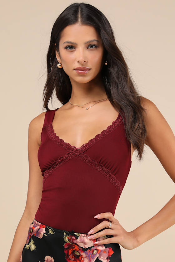 Lulus Perfectly Effortless Burgundy Mesh Lace Sleeveless Bodysuit In Burgundy