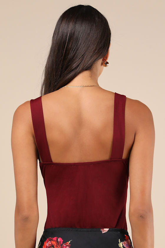 Lulus Perfectly Effortless Burgundy Mesh Lace Sleeveless Bodysuit In Burgundy