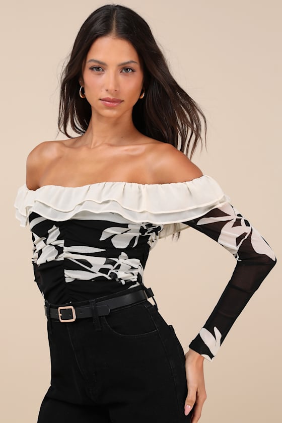 Lulus Extraordinary Flirt Black Floral Mesh Ruffled Crop Top