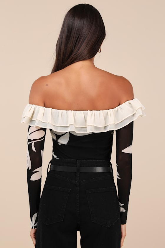 Lulus Extraordinary Flirt Black Floral Mesh Ruffled Crop Top In Black