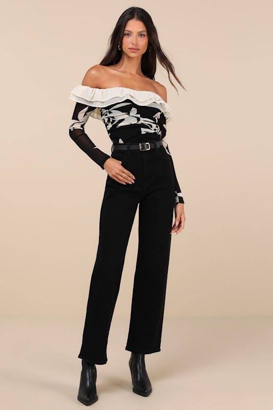 Lulus Extraordinary Flirt Black Floral Mesh Ruffled Crop Top In Black