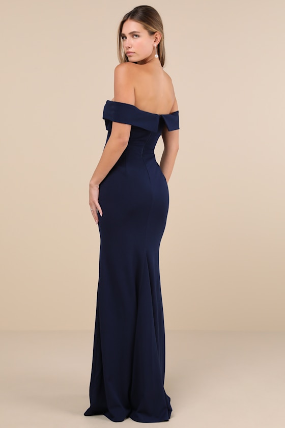 Lulus Elegant Perception Navy Blue Off-the-shoulder Bow Maxi Dress In Navy Blue