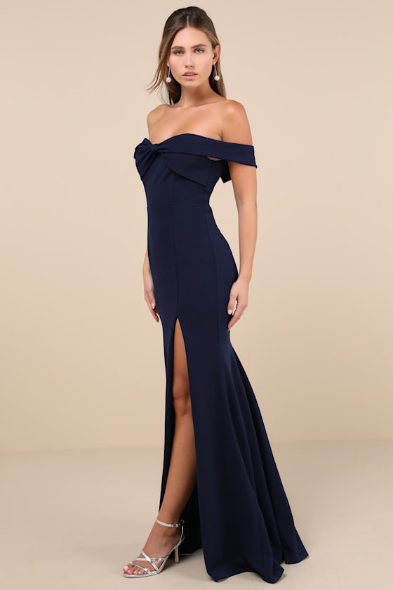 Lulus Elegant Perception Navy Blue Off-the-shoulder Bow Maxi Dress In Navy Blue