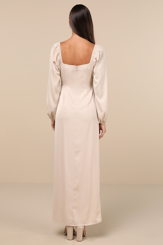 Lulus Eternal Heart Champagne Satin Long Sleeve Maxi Dress In Champagne