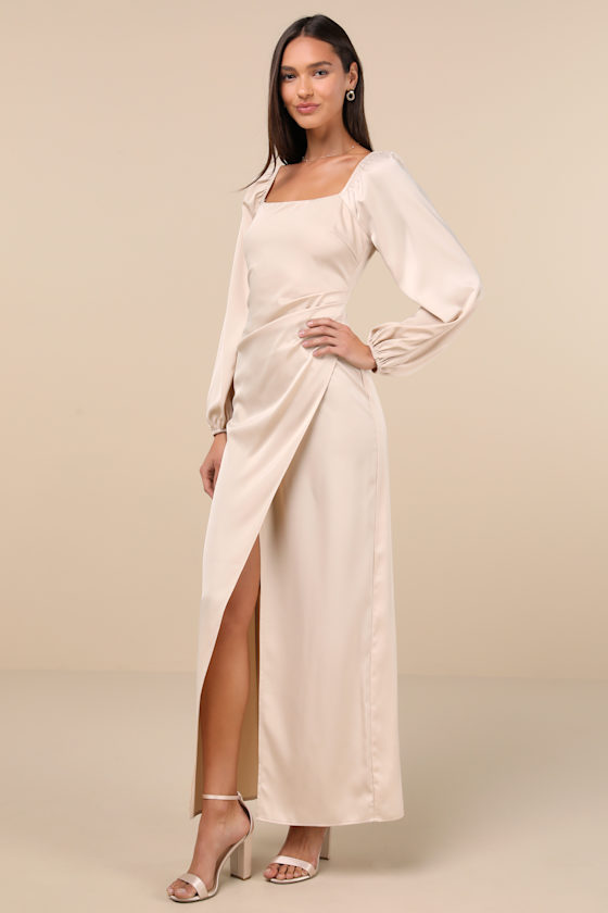 Lulus Eternal Heart Champagne Satin Long Sleeve Maxi Dress In Champagne