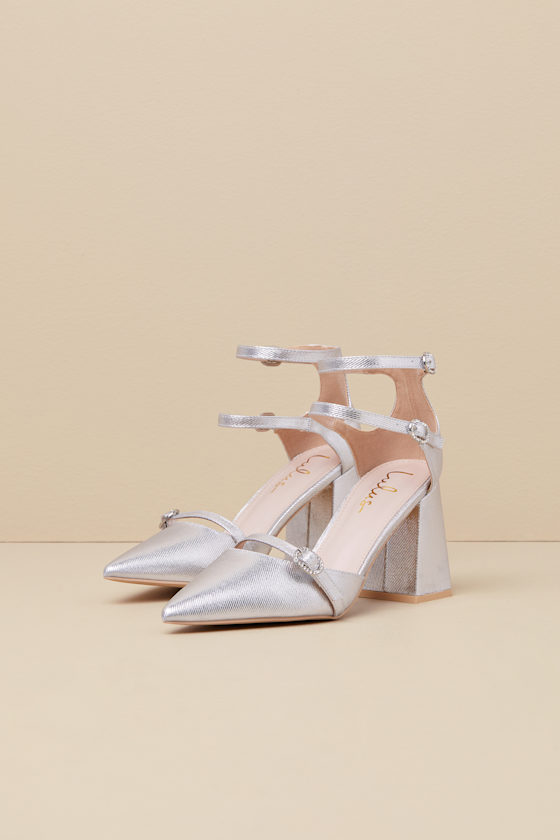 Shiny Silver Pumps - Strappy Rhinestone Pumps - Ankle Strap Shiny Silver Pumps - Strappy Rhinestone Pumps - Ankle Strap