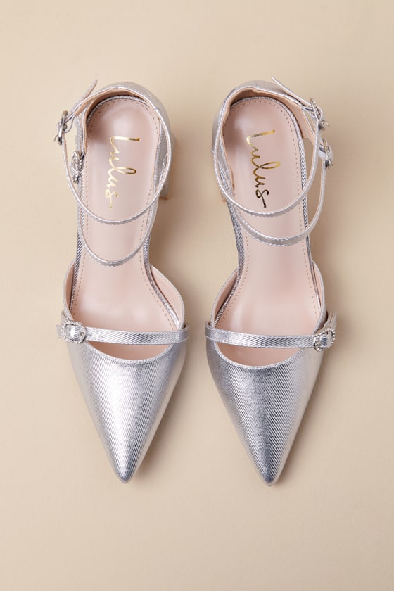 Lulus Kimbersan Silver Textured Pointed-toe Ankle Strap Pumps In Silver