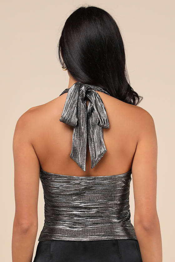 Lulus Enchanting Moves Gunmetal Silver Lurex Halter Crop Top In Silver