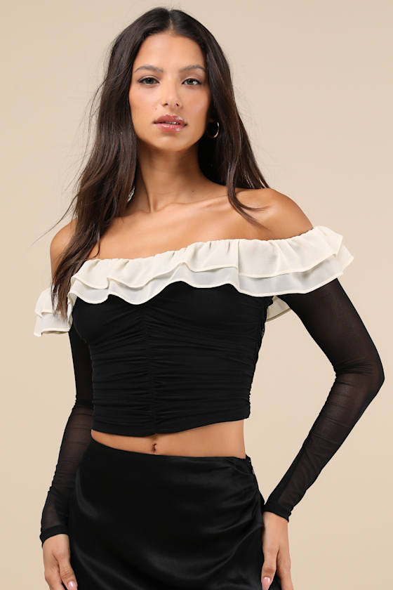 Extraordinary Flirt Black Mesh Ruffled Crop Top 2