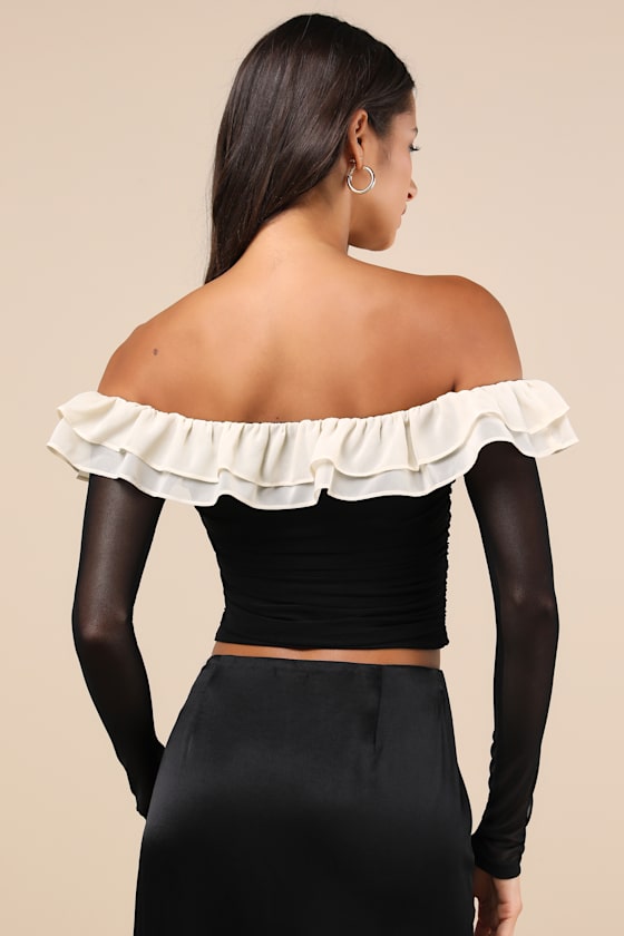 Lulus Extraordinary Flirt Black Mesh Ruffled Crop Top In Black