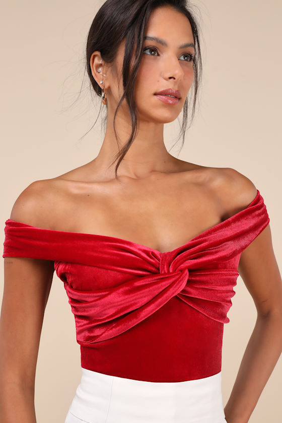 Ideal Attraction Red Velvet Off-the-Shoulder Top 3