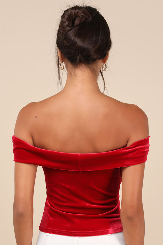 Ideal Attraction Red Velvet Off-the-Shoulder Top 4