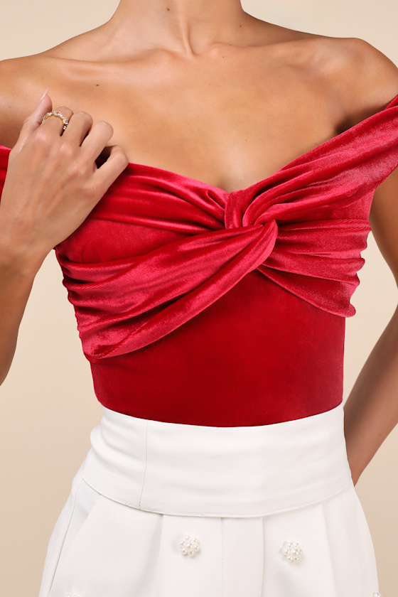Lulus Ideal Attraction Red Velvet Off-the-shoulder Top In Red