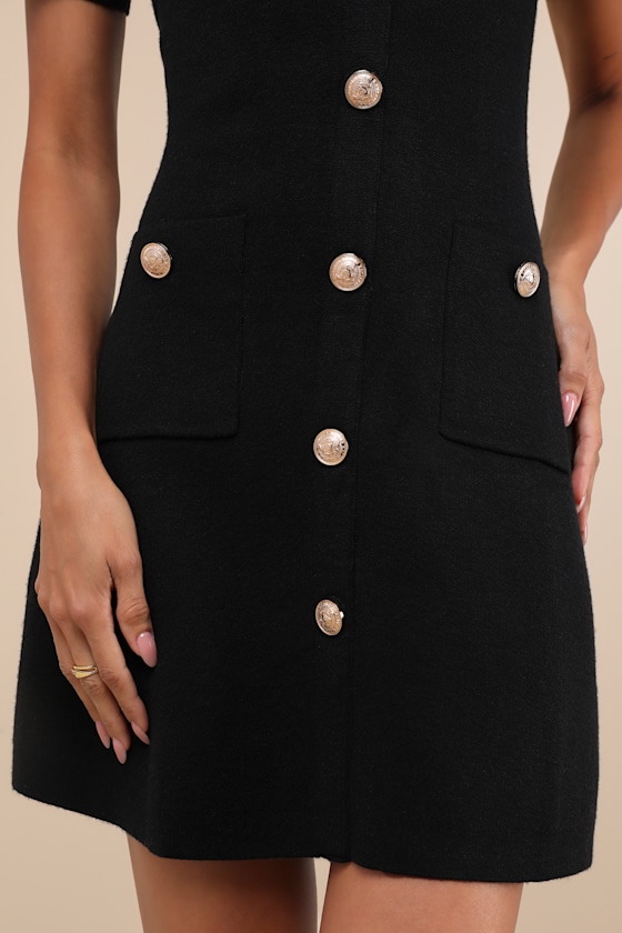 Lulus Posh Outcome Black Short Sleeve Sweater Mini Dress In Black