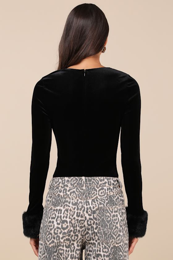 Lulus Toasty Allure Black Velvet Faux Fur Long Sleeve Bodysuit In Black