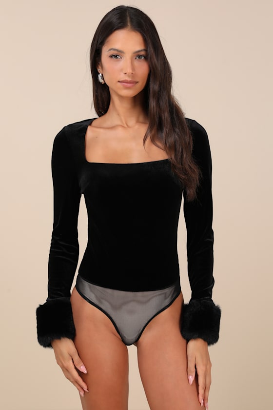 Lulus Toasty Allure Black Velvet Faux Fur Long Sleeve Bodysuit In Black
