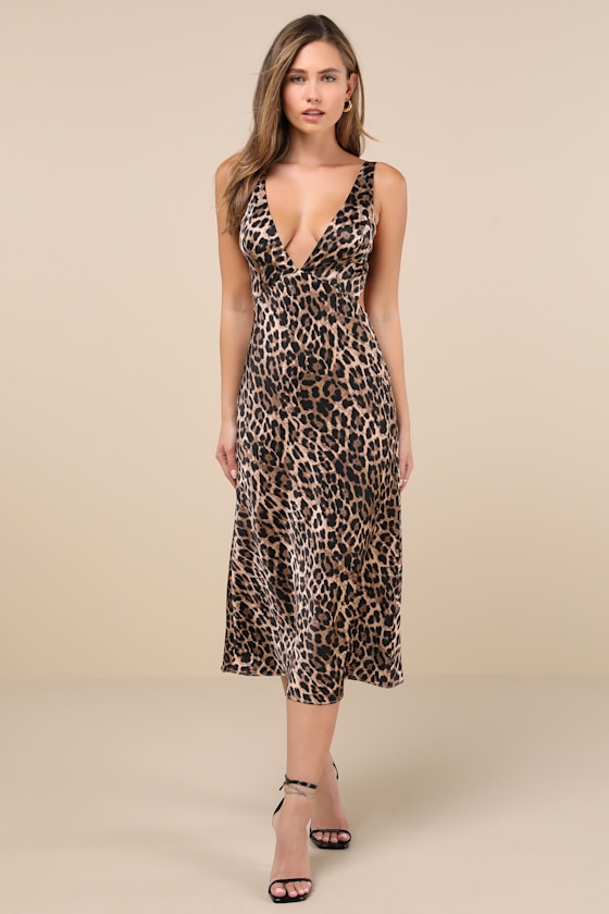 Lulus Unmatched Elegance Tan Leopard Satin Sleeveless Midi Dress
