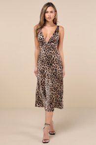 Unmatched Elegance Tan Leopard Satin Sleeveless Midi Dress 2
