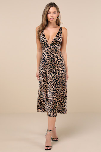 Unmatched Elegance Tan Leopard Satin Sleeveless Midi Dress 2