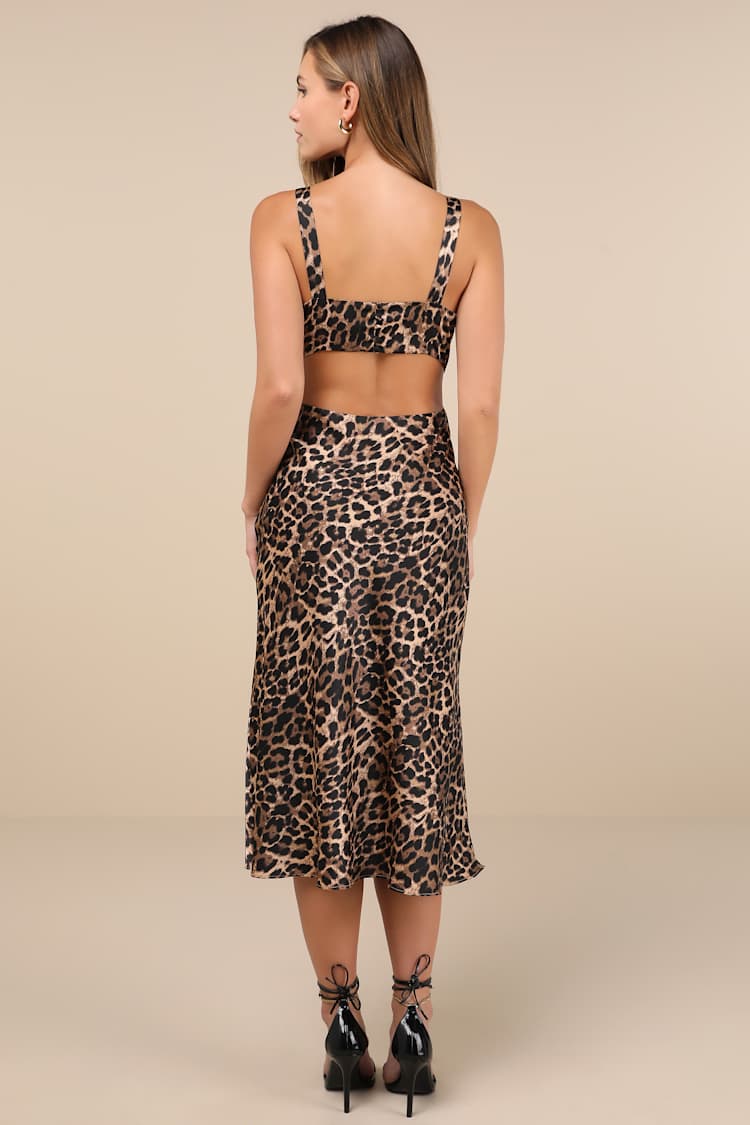 Tan Leopard Satin Dress - Satin Midi Dress - V-Neck Midi Dress - Lulus