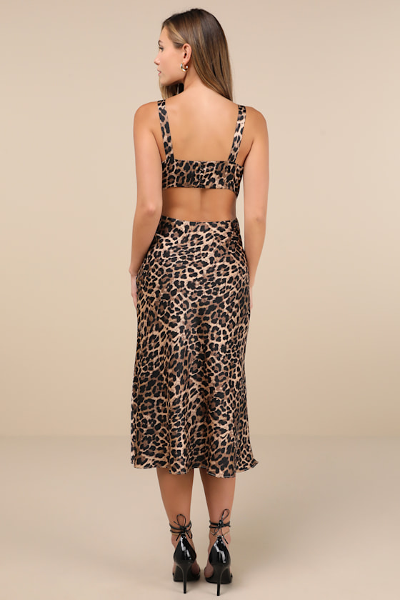 Unmatched Elegance Tan Leopard Satin Sleeveless Midi Dress 1