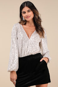 Evening of Wonder Champagne Sequin Long Sleeve Bodysuit 2