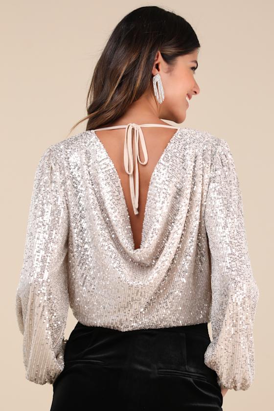 Lulus Evening Of Wonder Champagne Sequin Long Sleeve Bodysuit In Champagne