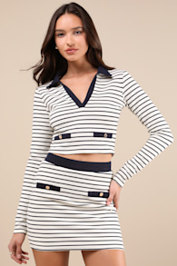 Uptown Aura Ivory Striped High-Waisted Mini Skirt 1