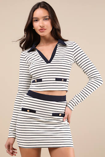 Uptown Aura Ivory Striped High-Waisted Mini Skirt 1