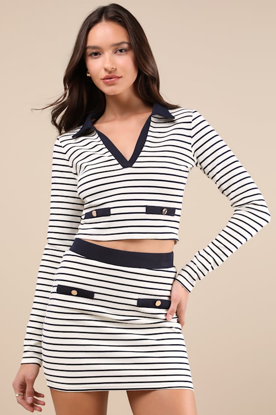 Uptown Aura Ivory Striped High-Waisted Mini Skirt 1