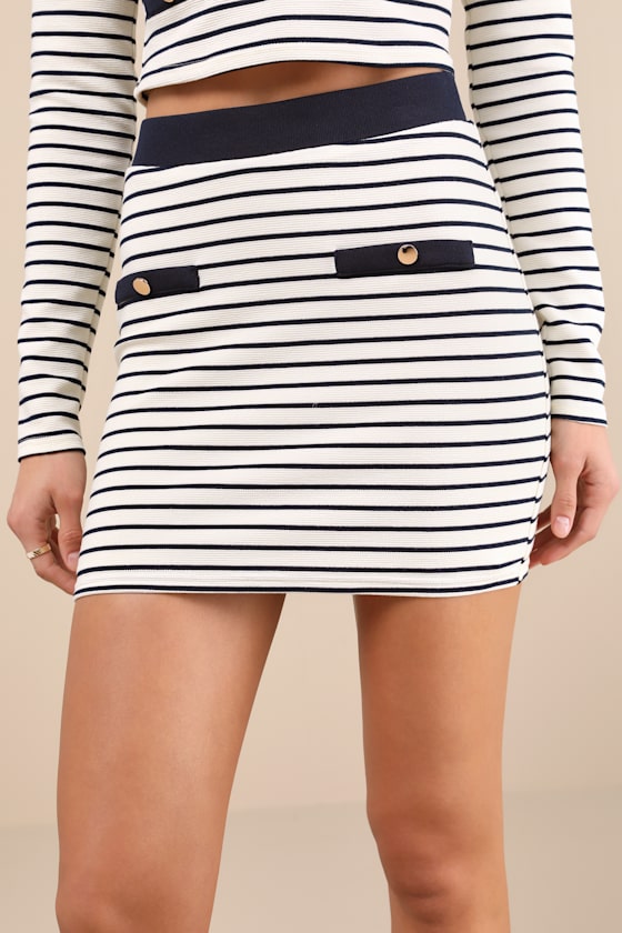 Lulus Uptown Aura Ivory Striped High-waisted Mini Skirt In Ivory