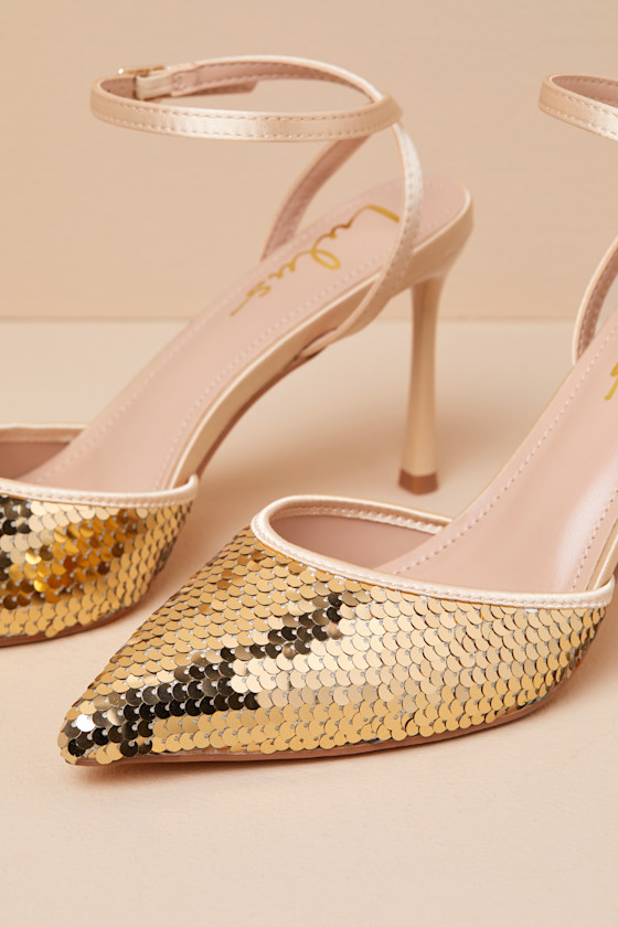 Lulus Arley Gold Sequin Ankle Strap Pumps In Gold